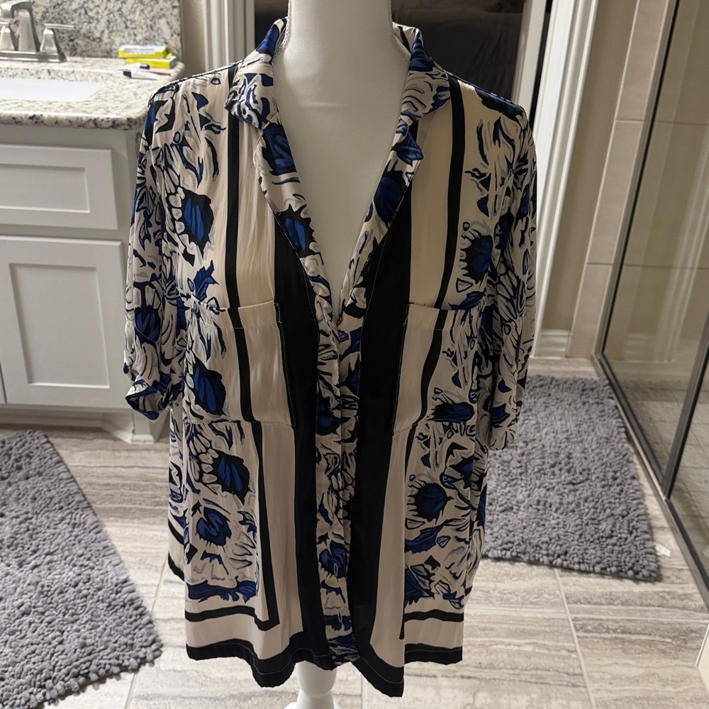 Anthropologie Blue and Cream Patterned Blouse